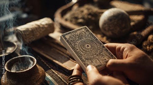 A hand holds a tarot card deck, with a smoke-filled pot and other mystical objects nearby.