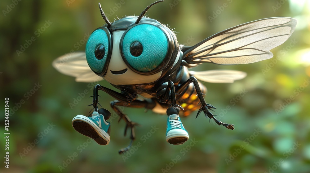Fototapeta premium Cute cartoon fly wearing sneakers in flight