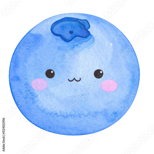 This is cute watercolor illustration of smiling blueberry with happy expression