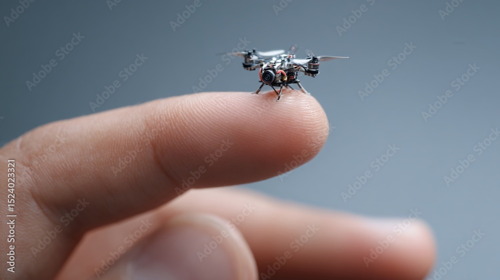 Fototapeta premium A focused shot shows a micro drone balanced delicately on the tip of a person's finger, indoors.