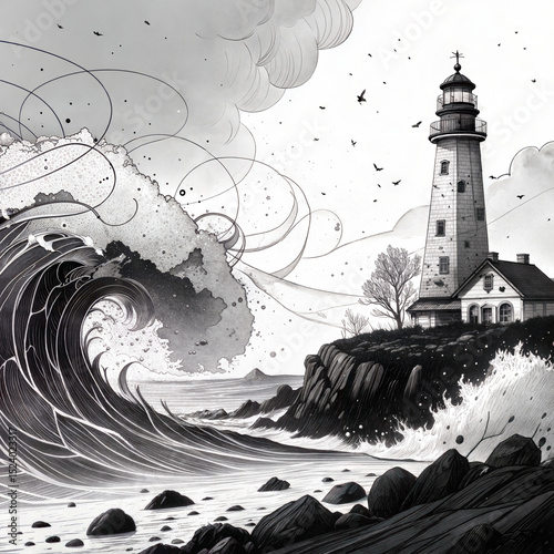 Black and white lighthouse by the ocean with crashing waves and clouds, print illustration