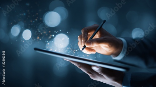 A hand interacts with a digital tablet using a stylus, surrounded by bokeh and light effects.