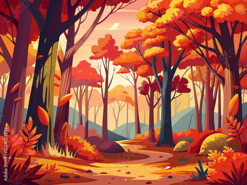 vector of A vibrant forest in autumn colors, with red foliage and large trees leaning against each other, creating a natural and peaceful landscape.