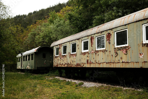 Rusty abandoned railway cars on tracks in the forest near Mokra Gora, Serbia.