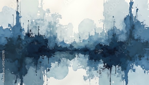 Abstract Watercolor Landscape with Blue Hues and Soft Reflections