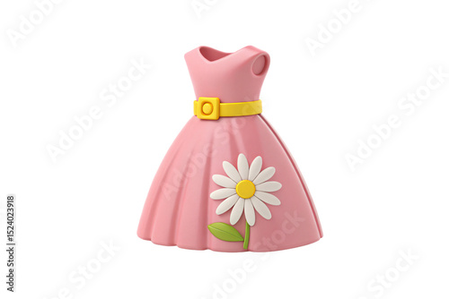 Soft pink dress form with yellow sash and white daisy flower accent, isolated on a transparent background