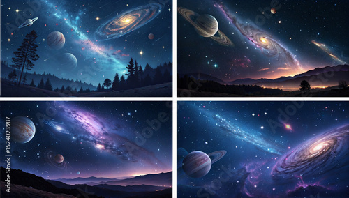 Distant galaxies and planets in a cosmic landscape at night, background screen saver 