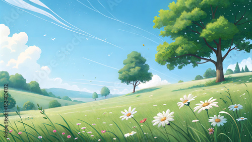 Idyllic landscape with blooming flowers under a bright blue sky, background screen saver 