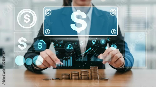 Businessperson interacting with digital currency data visualization, stacking coins on a desk
