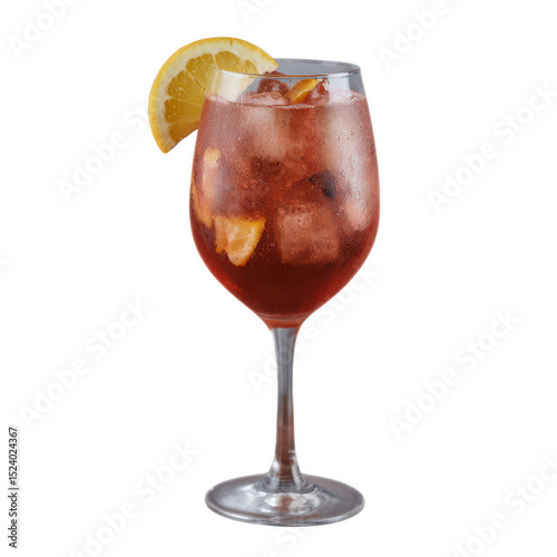 A refreshing cocktail in a clear glass, featuring ice cubes, fruit slices, and a vibrant hue, ideal for summer gatherings and celebrations.