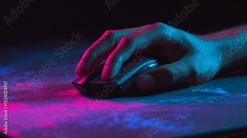 Close up of a hand using a computer mouse on a mousepad with neon pink and blue lighting.