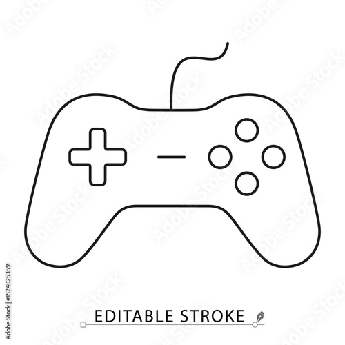 Line style gamepad icon with cable and editable stroke. Classic joystick outline, flat vector controller for PC or console gaming, minimal design for UI, app, and web interface. Gaming, entertainment.