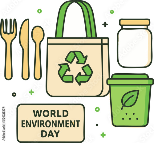 Vector icon collection celebrating World Environment Day, including bag with recycle symbol, cutlery, jar, and compost bin.