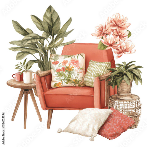 Cozy and Inviting Living Room Scene with Tropical Plants and Colorful Cushions on an Orange Armchair