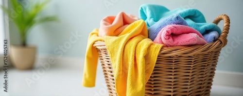 A overflowing woven laundry basket brimming with colorful clothes and towels, ready for washing Perfect for home organization and cleaning themes , cleanliness, domestic, garment