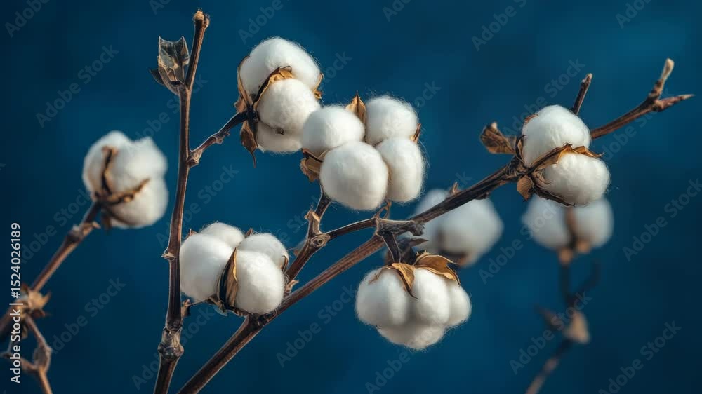 Close-up of cotton branches with fluffy white bolls against a blue background