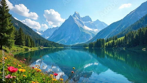 Serene mountain lake reflecting a clear blue sky, surrounded by lush green trees and wildflowers Perfect for nature, travel, and serenity themes , journey, exploration