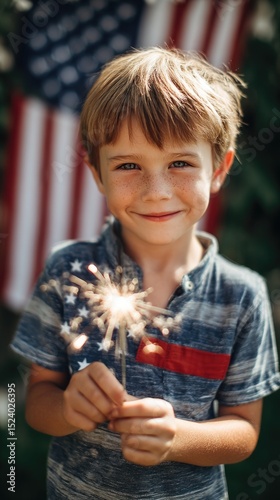 Sparkler boy against American Flag Background. ai generated
