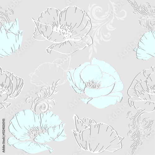 seamless pattern of blue, white, and gray poppies