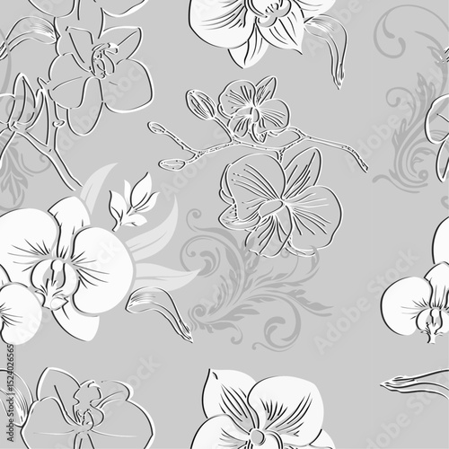 seamless pattern of  white, and gray orchid on a gray background