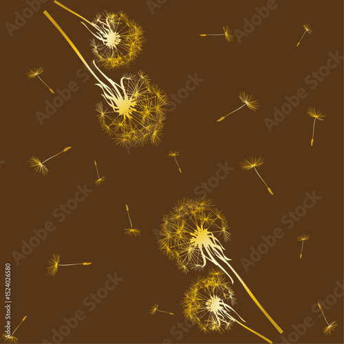seamless pattern of down and dandelions with golden flowers on a  brown background.Isolated, close-up