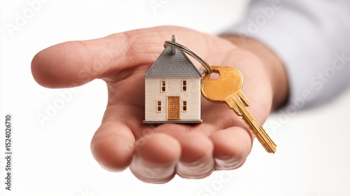 A hand presents a tiny model home and a key, symbolizing ownership and the dream of having a home.
