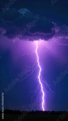Spectacular lightning bolt striking during a powerful summer thunderstorm, illuminating the dark night sky The vibrant flash is contrasted by the deep shadows of the clouds , night, rain, night sky