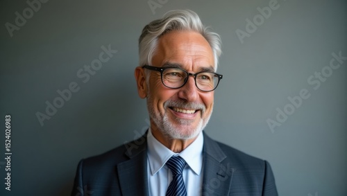 Foto corporativa de un hombre de negocios maduro con gafas, corbata azul marino y fondo gris, expresión profesional seria