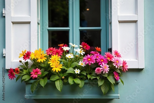 Charming window box overflowing with colorful flowers, nestled beside rustic white shutters Perfect for adding a touch of cottagecore charm to your home decor , colorful, botany