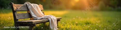 Serene outdoor scene featuring a gracefully draped fabric on a rustic bench, bathed in soft, golden sunlight Perfect for relaxation, tranquility, and nature themes , beauty, beautiful scene, tranquil