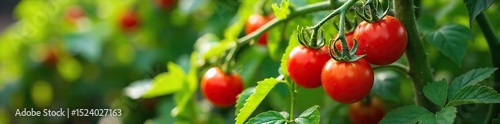 Lush green tomato plants bursting with ripe red tomatoes, vines sprawling across a sunny garden bed Perfect for healthy eating, gardening, and agriculture themes , garden scene, tomatoes, vines