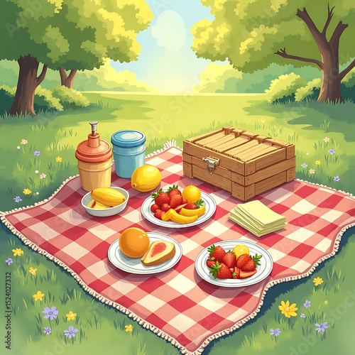 Picnic Scene in Summer Park with Fruits on Checkered Blanket