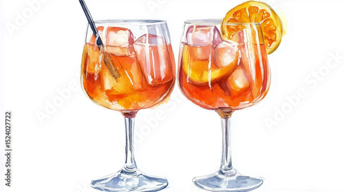 Vector illustration of two glasses with aperol spritz cocktail, watercolor on white background