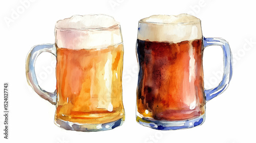 Vector illustration of two frozen mugs of beer, light and dark, watercolor on white background