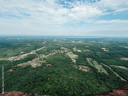 Wide view of tropical landscape with scattered clouds