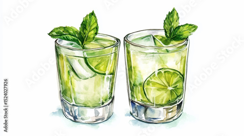 Vector illustration of two frozen mojito glasses with ice, watercolor on white background