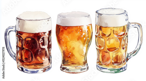 Vector illustration of three frozen mugs of beer, light and dark, watercolor on white background