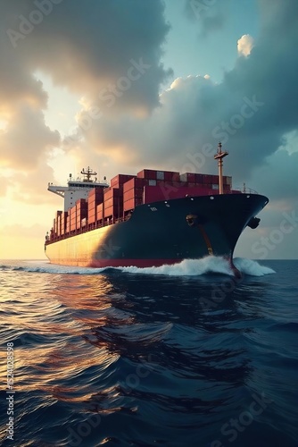 A massive cargo freighter, heavily laden with shipping containers, sails across a vast ocean under a dramatic sky The ship is dwarfed only by the immensity of the sea , deep sea, sea, weather