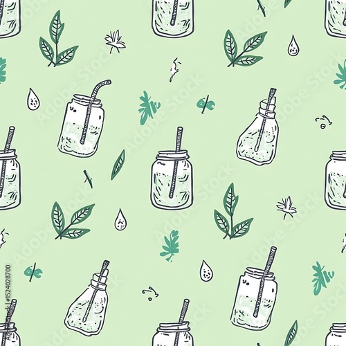 Refreshing Drink Seamless Pattern with Leaves and Glass