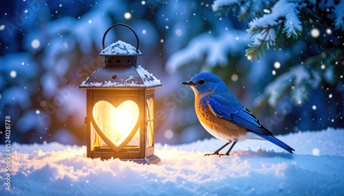 A bluebird perched near a glowing lantern in a magical winter wonderland scene