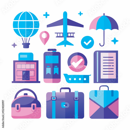 Colorful travel and vacation icons vector set