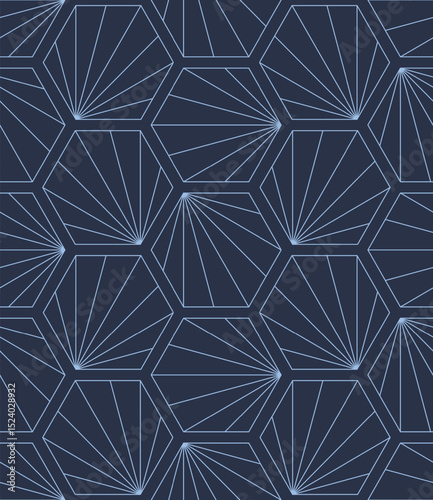 Vector seamless pattern inspired by Art Deco style, featuring geometric hexagons and radiant fan lines. Perfect for elegant backgrounds, textile prints and luxury brand visuals. Tileable backdrop