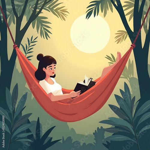 Relaxing in Hammock Reading a Book in Forest Scene