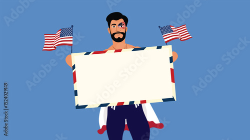 Happy Patriotic Man Holding Blank Sign and Two Flags in Celebration of Independence Day