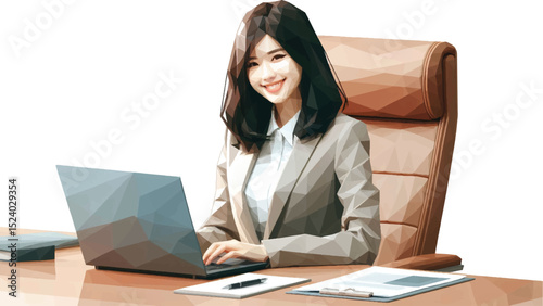 Young secretary working and smiling, in low poly style