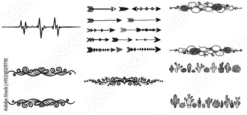 Hand-drawn calligraphic sketch divider set in black ink for decorative use