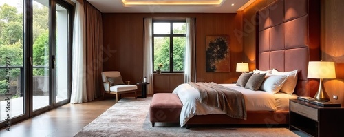 Luxurious velvet sofa adds a touch of elegance and comfort to a spacious master bedroom, perfect for relaxation and reading , spacious, relaxation