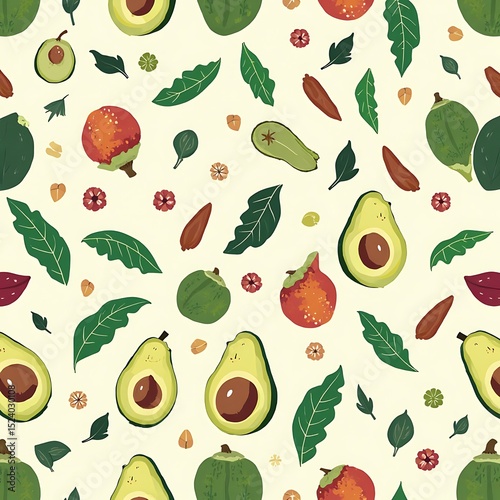 Seamless Pattern with Avocado and Various Fruits
