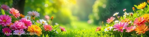 Vibrant summer scene bursting with colorful flowers, lush greenery, and bright sunlight Perfect for summer-themed projects, travel brochures, and websites , floral, landscape, outdoor