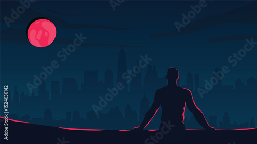 Silhouette of Man Watching American Skyline Under Red Moon in the Night